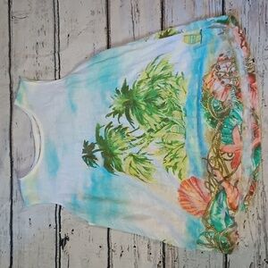 J Jill Love Linen Blue Green Palm Shell Print Linen Tank Top M